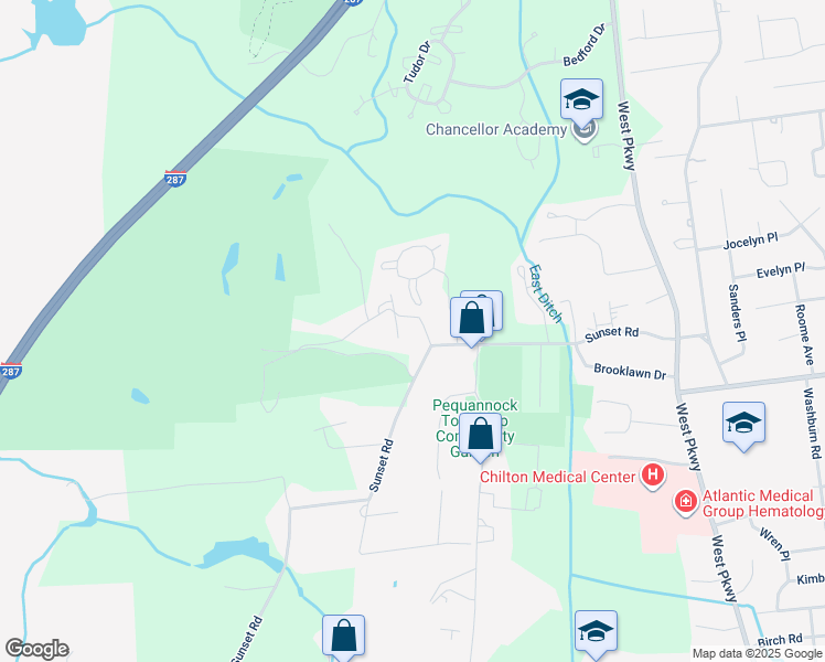 map of restaurants, bars, coffee shops, grocery stores, and more near 1 West Sunset Road in Pequannock Township