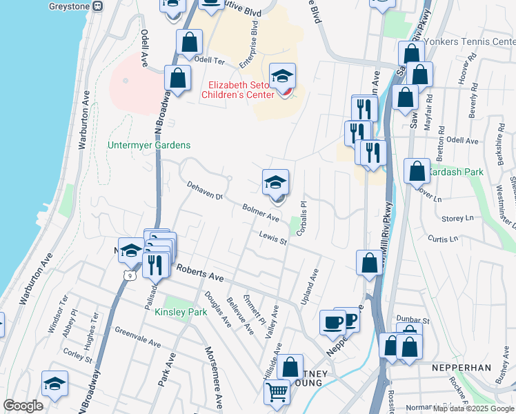 map of restaurants, bars, coffee shops, grocery stores, and more near 51 Valerie Drive in Yonkers