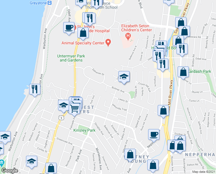 map of restaurants, bars, coffee shops, grocery stores, and more near 63 Bolmer Avenue in Yonkers