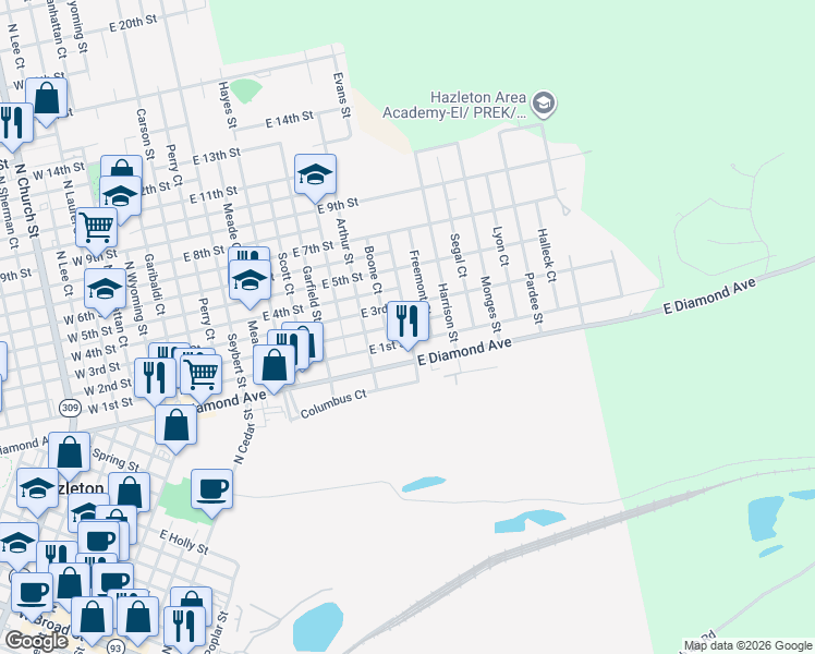 map of restaurants, bars, coffee shops, grocery stores, and more near 548 Cleveland Street in Hazleton