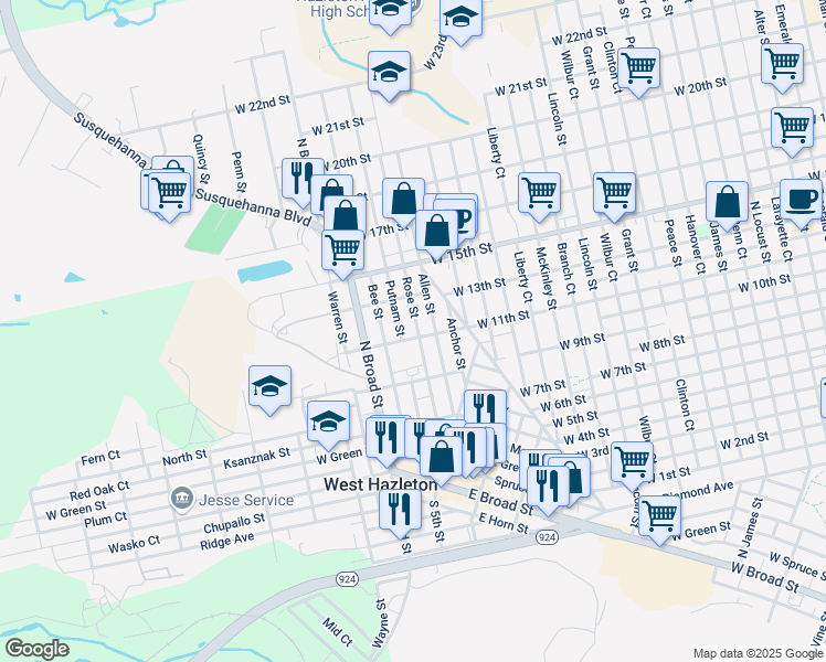map of restaurants, bars, coffee shops, grocery stores, and more near 418 Allen Street in West Hazleton