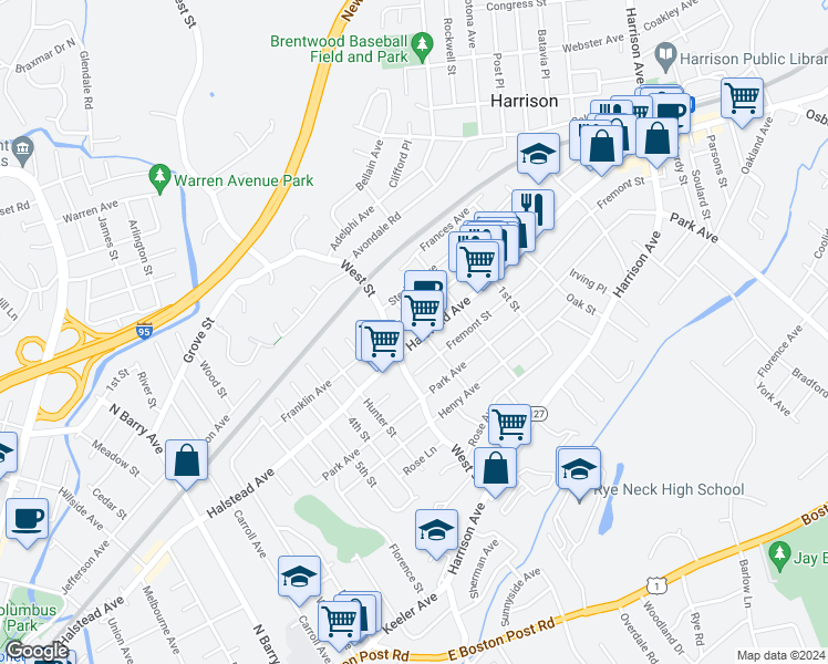 map of restaurants, bars, coffee shops, grocery stores, and more near 59 Franklin Avenue in Harrison
