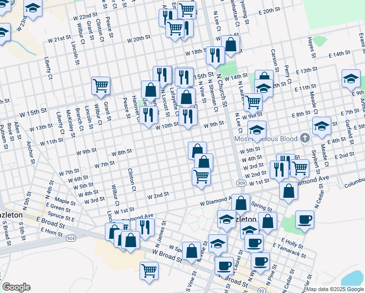 map of restaurants, bars, coffee shops, grocery stores, and more near 642 Lafayette Court in Hazleton