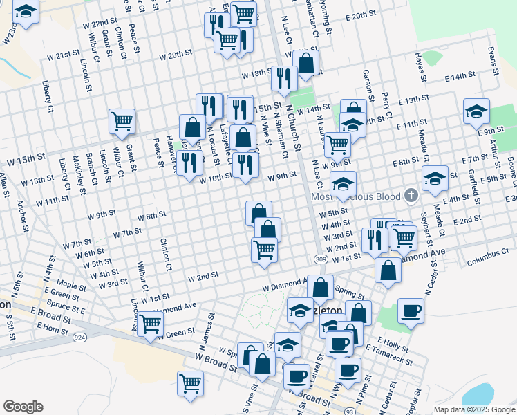 map of restaurants, bars, coffee shops, grocery stores, and more near 637 Alter Street in Hazleton