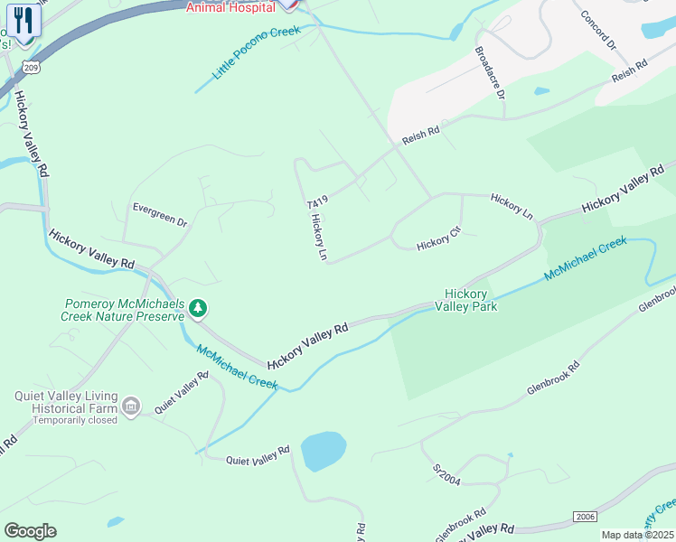 map of restaurants, bars, coffee shops, grocery stores, and more near 7227 Hickory Lane in Stroudsburg