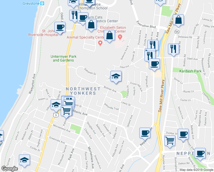 map of restaurants, bars, coffee shops, grocery stores, and more near 118 Bolmer Avenue in Yonkers