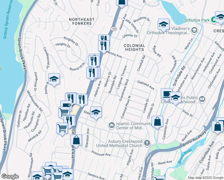 map of restaurants, bars, coffee shops, grocery stores, and more near 60 Saint George Parkway in Yonkers