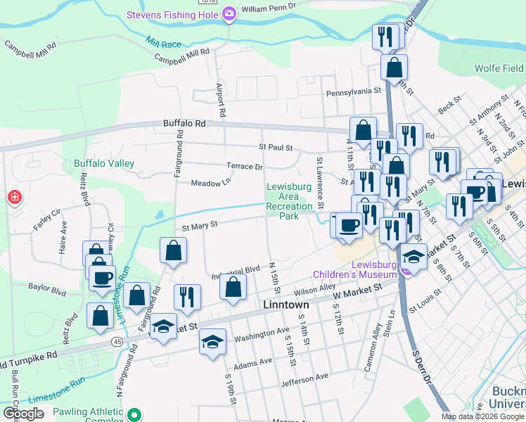 map of restaurants, bars, coffee shops, grocery stores, and more near 201 North 15th Street in Lewisburg