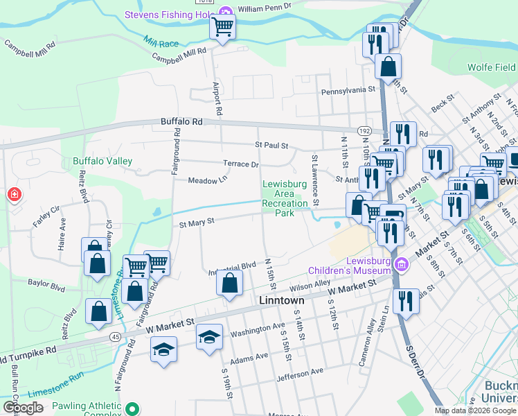 map of restaurants, bars, coffee shops, grocery stores, and more near 201 North 15th Street in Lewisburg