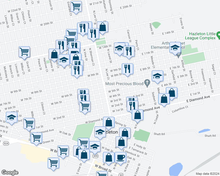 map of restaurants, bars, coffee shops, grocery stores, and more near 601 North Church Street in Hazleton