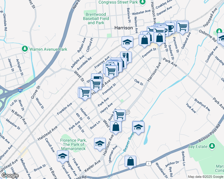 map of restaurants, bars, coffee shops, grocery stores, and more near 79 Fremont Street in Harrison