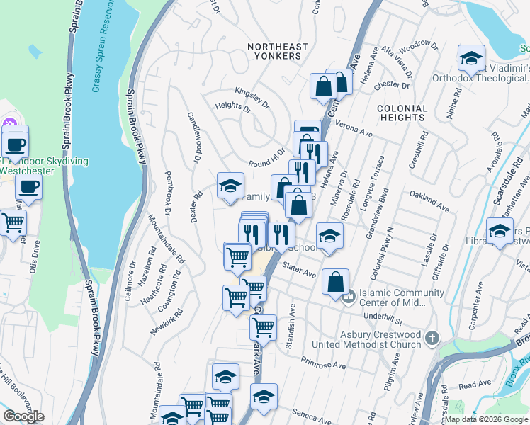 map of restaurants, bars, coffee shops, grocery stores, and more near 1853 Central Park Avenue in Yonkers