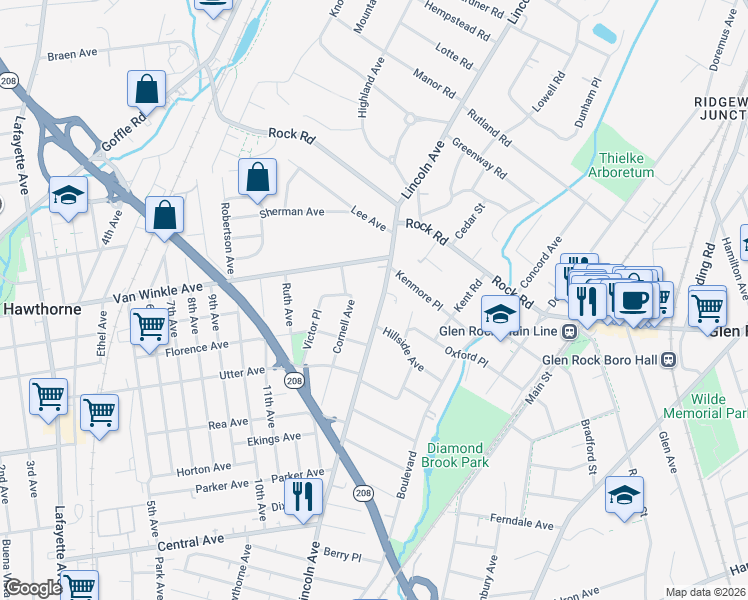 map of restaurants, bars, coffee shops, grocery stores, and more near 624 Lincoln Avenue in Hawthorne