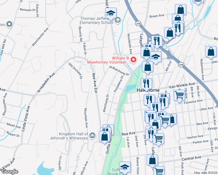 map of restaurants, bars, coffee shops, grocery stores, and more near 115 Watchung Drive in Hawthorne