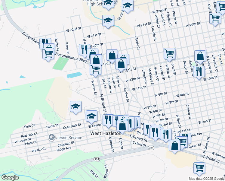 map of restaurants, bars, coffee shops, grocery stores, and more near 418 Allen Street in West Hazleton