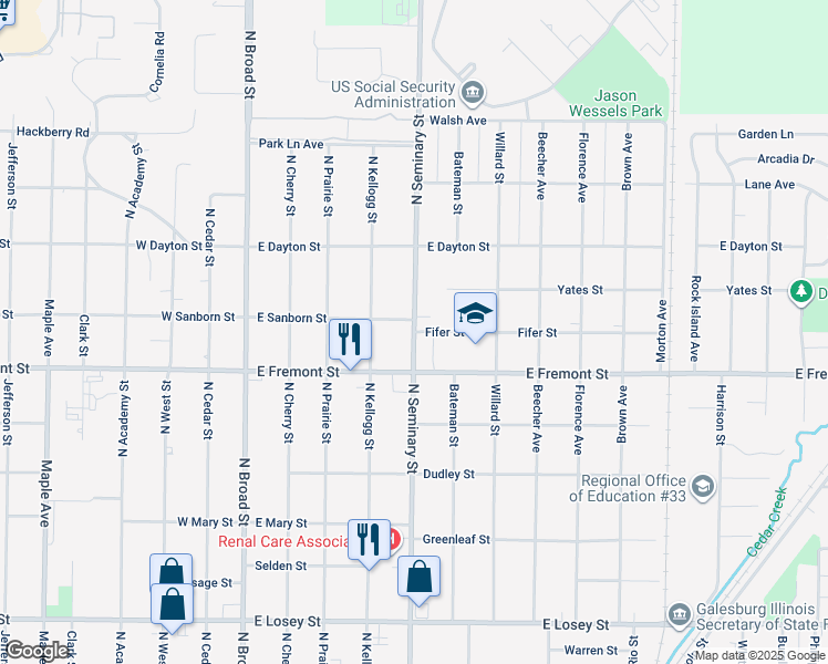 map of restaurants, bars, coffee shops, grocery stores, and more near 1300 North Seminary Street in Galesburg