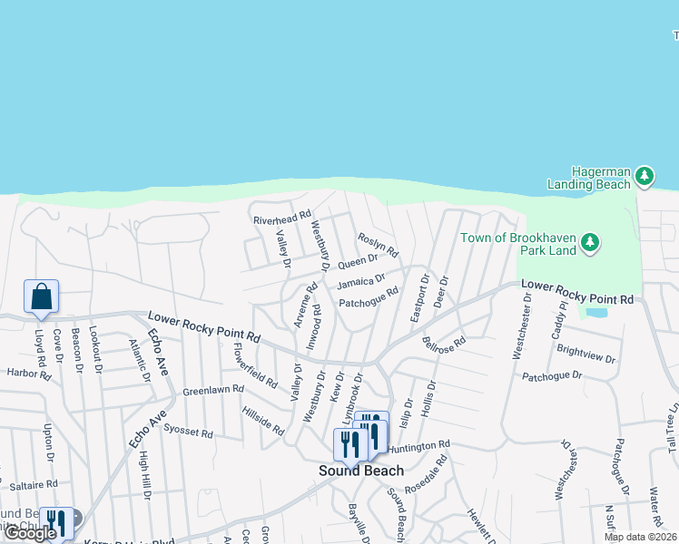 map of restaurants, bars, coffee shops, grocery stores, and more near 34 Queen Drive in Sound Beach