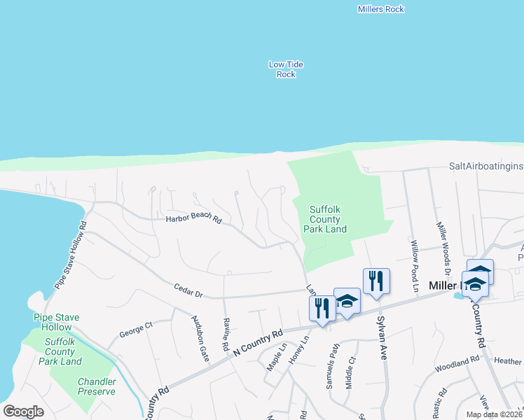 map of restaurants, bars, coffee shops, grocery stores, and more near 8 Ridge Lane in Miller Place