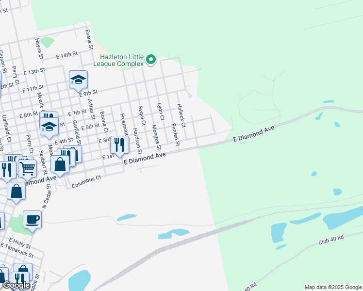 map of restaurants, bars, coffee shops, grocery stores, and more near 921 East Diamond Avenue in Hazleton