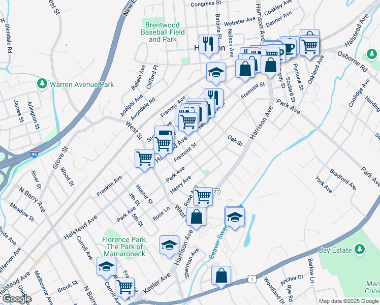 map of restaurants, bars, coffee shops, grocery stores, and more near 79 Fremont Street in Harrison