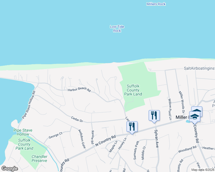 map of restaurants, bars, coffee shops, grocery stores, and more near 8 Ridge Lane in Miller Place