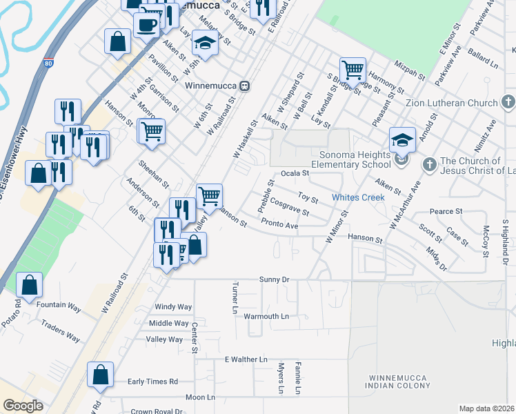 map of restaurants, bars, coffee shops, grocery stores, and more near 655 Weso Street in Winnemucca