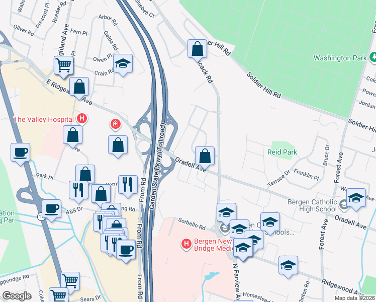 map of restaurants, bars, coffee shops, grocery stores, and more near 647 Cambridge Rd in Paramus
