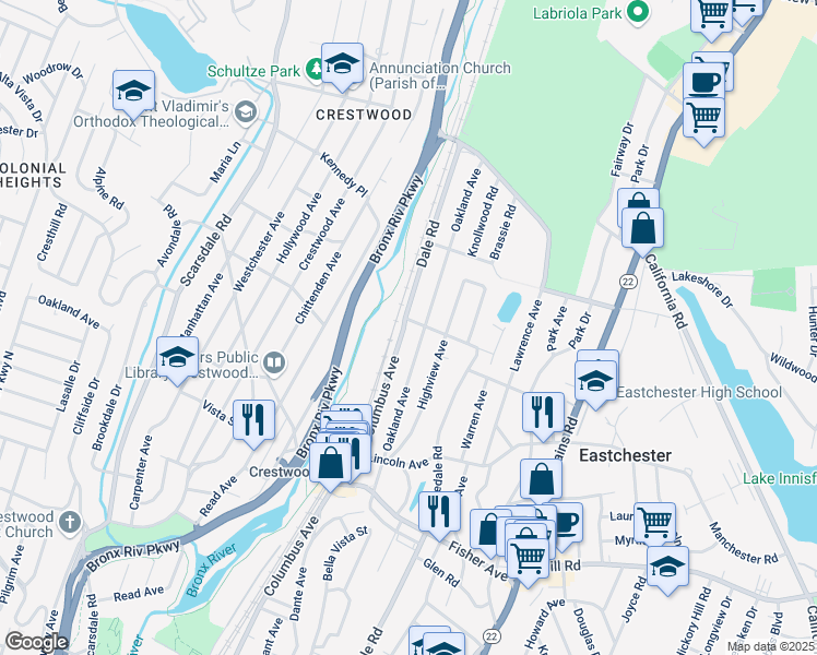 map of restaurants, bars, coffee shops, grocery stores, and more near 2 Benedict Avenue in Eastchester