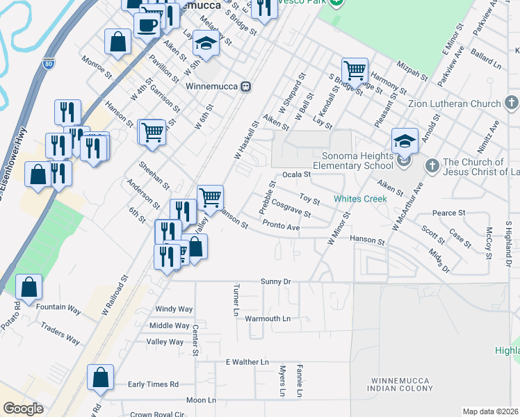 map of restaurants, bars, coffee shops, grocery stores, and more near 655 Weso Street in Winnemucca