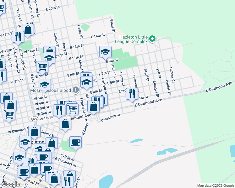 map of restaurants, bars, coffee shops, grocery stores, and more near 554 Arthur Street in Hazleton