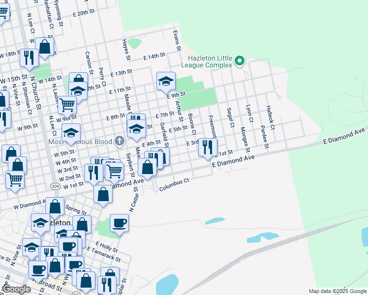 map of restaurants, bars, coffee shops, grocery stores, and more near 554 Arthur Street in Hazleton