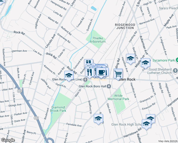 map of restaurants, bars, coffee shops, grocery stores, and more near 175 Rock Road in Glen Rock