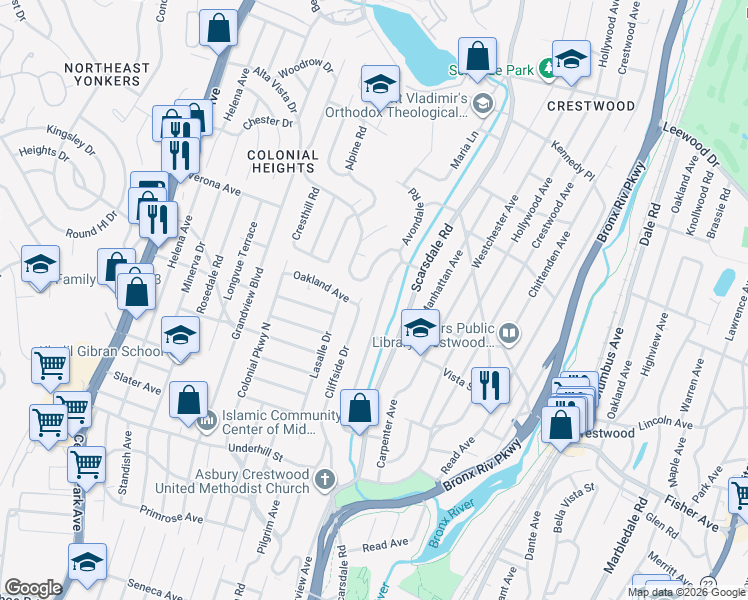 map of restaurants, bars, coffee shops, grocery stores, and more near 10 Avondale Road in Yonkers