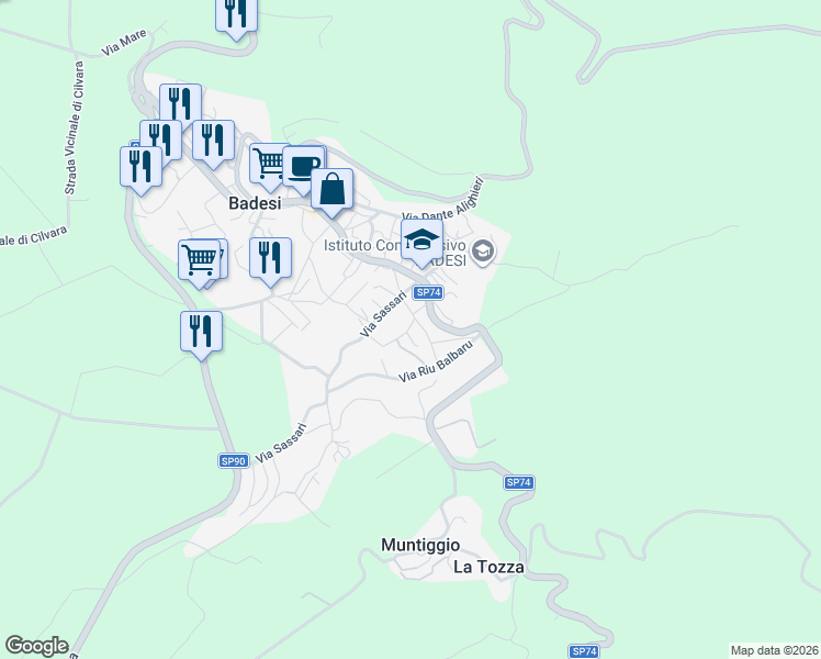 map of restaurants, bars, coffee shops, grocery stores, and more near 7 Via Li Casi D'Ignò in Badesi