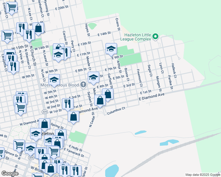 map of restaurants, bars, coffee shops, grocery stores, and more near 564 Garfield Street in Hazleton