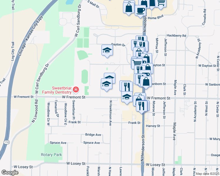 map of restaurants, bars, coffee shops, grocery stores, and more near 1135 West Fremont Street in Galesburg