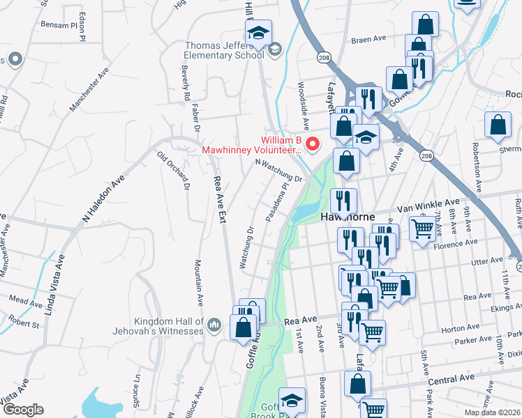 map of restaurants, bars, coffee shops, grocery stores, and more near 115 Watchung Drive in Hawthorne