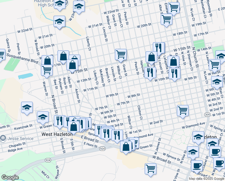 map of restaurants, bars, coffee shops, grocery stores, and more near 702 Lincoln Street in Hazleton