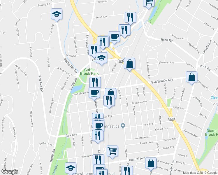 map of restaurants, bars, coffee shops, grocery stores, and more near 133 Van Winkle Avenue in Hawthorne