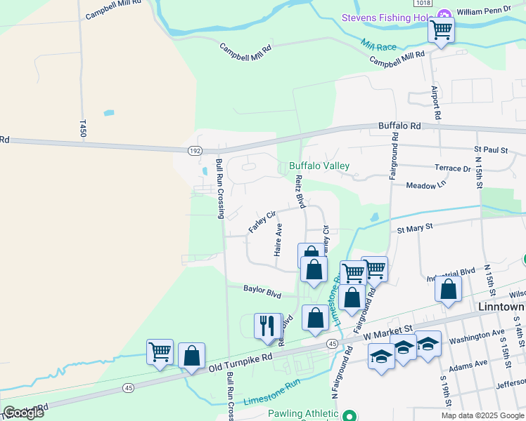 map of restaurants, bars, coffee shops, grocery stores, and more near 35 Farley Circle in Lewisburg