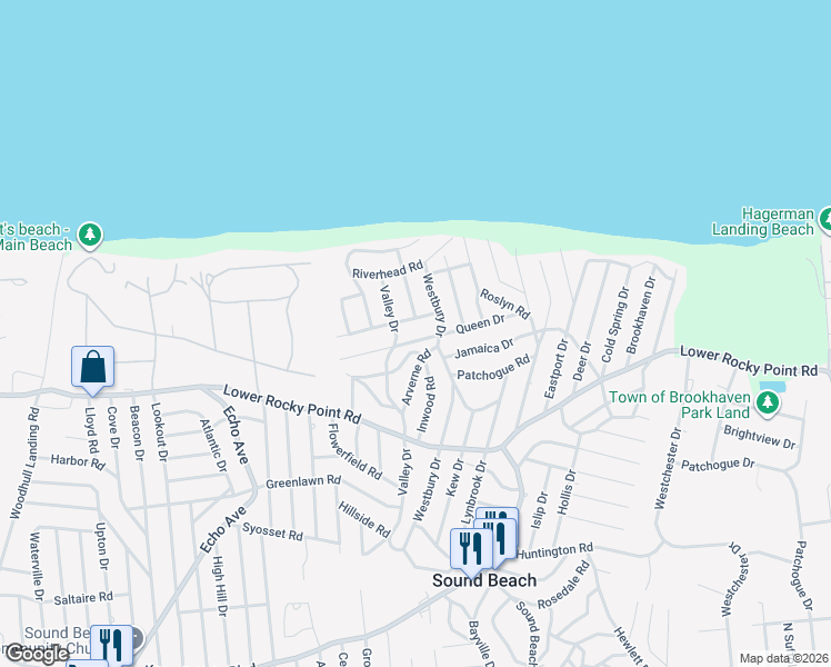 map of restaurants, bars, coffee shops, grocery stores, and more near 51 Queen Drive in Sound Beach