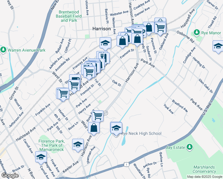 map of restaurants, bars, coffee shops, grocery stores, and more near 8 Alexander Avenue in Harrison