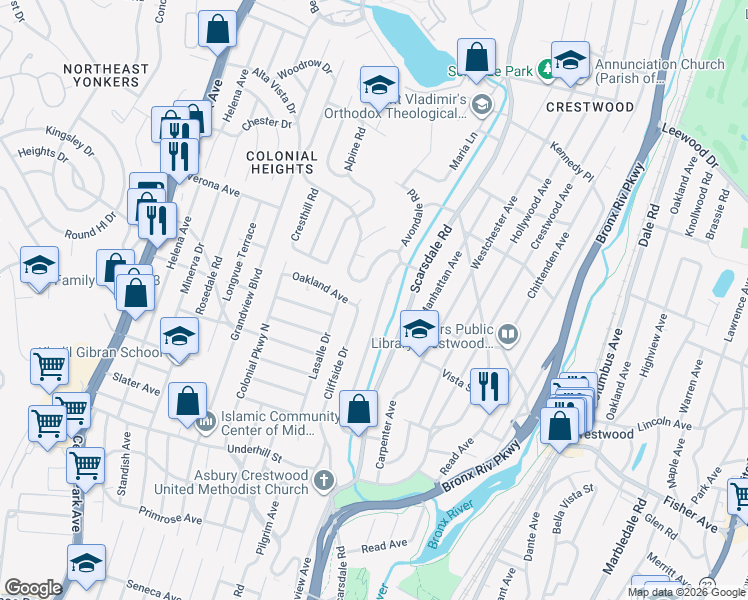 map of restaurants, bars, coffee shops, grocery stores, and more near 10 Avondale Road in Yonkers