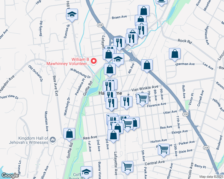 map of restaurants, bars, coffee shops, grocery stores, and more near 10 Alexandria Avenue in Hawthorne