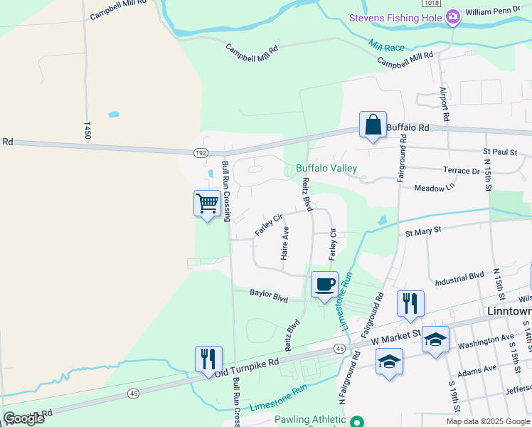 map of restaurants, bars, coffee shops, grocery stores, and more near 35 Farley Circle in Lewisburg