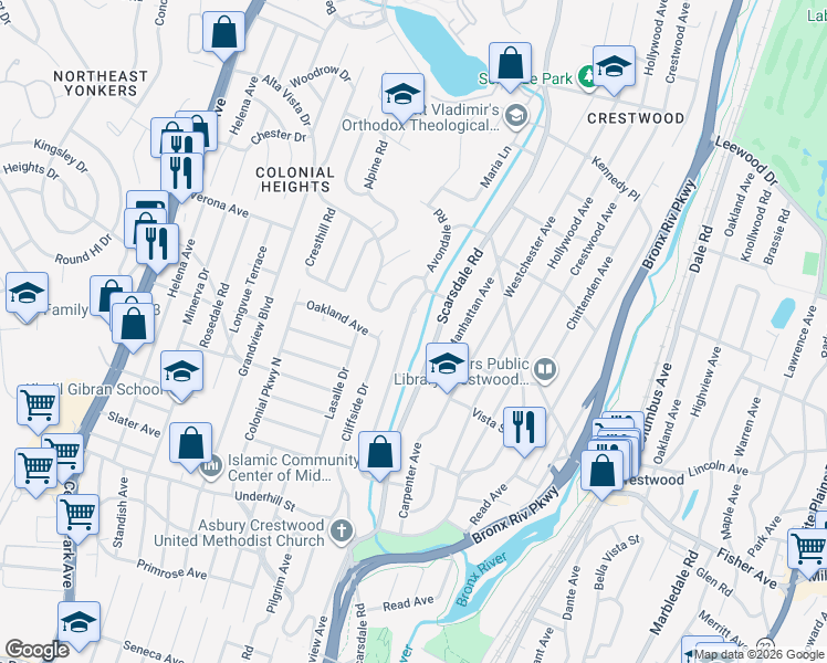 map of restaurants, bars, coffee shops, grocery stores, and more near 10 Avondale Road in Yonkers