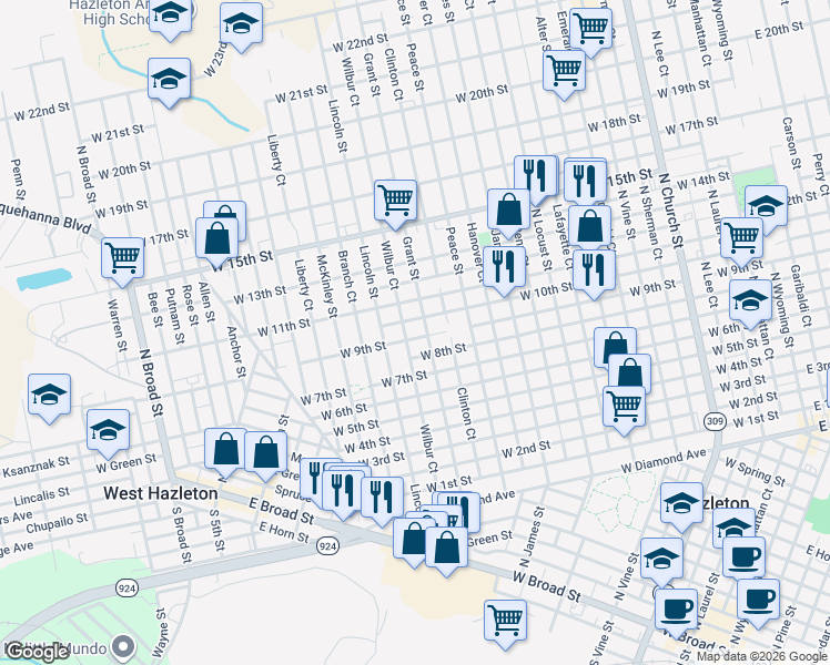 map of restaurants, bars, coffee shops, grocery stores, and more near 733 West 9th Street in Hazleton