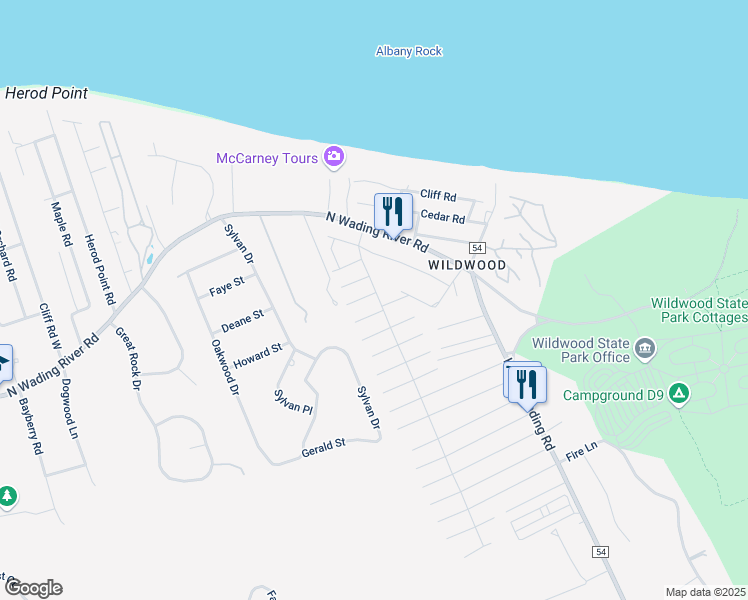 map of restaurants, bars, coffee shops, grocery stores, and more near 255 Hulse Avenue in Wading River