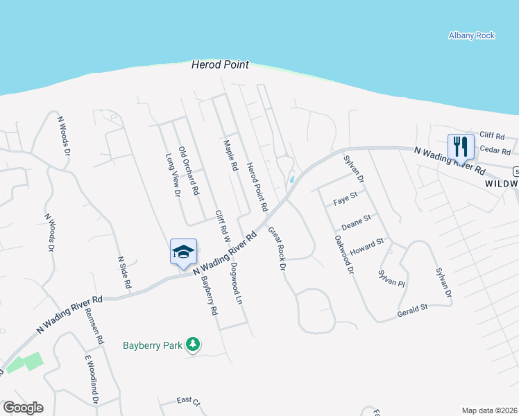 map of restaurants, bars, coffee shops, grocery stores, and more near 15 Herod Point Road in Wading River