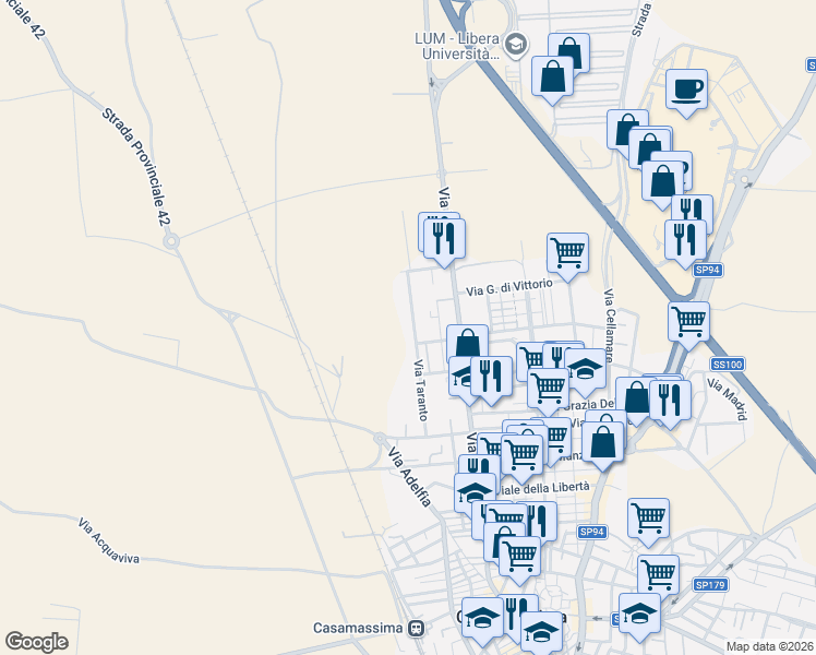 map of restaurants, bars, coffee shops, grocery stores, and more near 13 Via Angelo Michele Pesce in Casamassima
